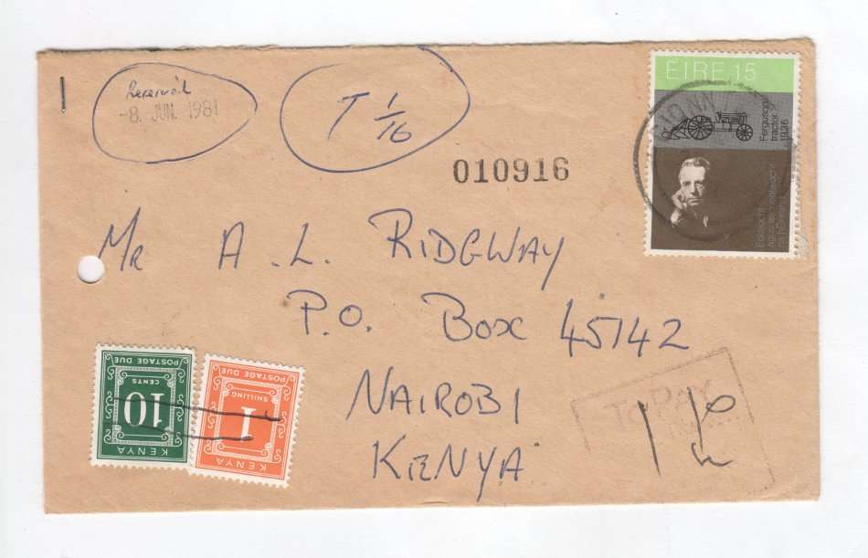 Kenya Ireland cover sent to Nairobi, Kenya with 1 Ireland stamp & 2